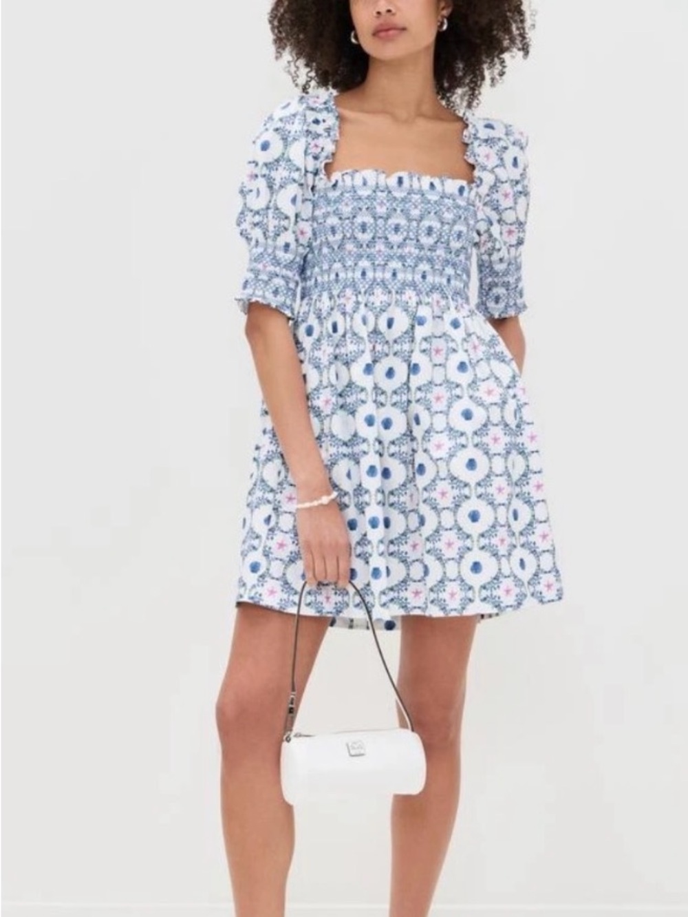 Hill House Blue and White Floral Smocked Mini Dress